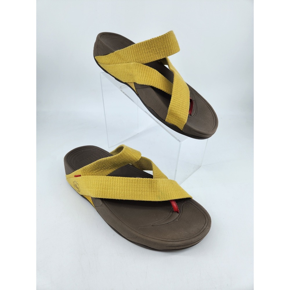 FitFlop Sandals Women Size 9 Yellow‎ Brown Canvas Cross Strap 282-309